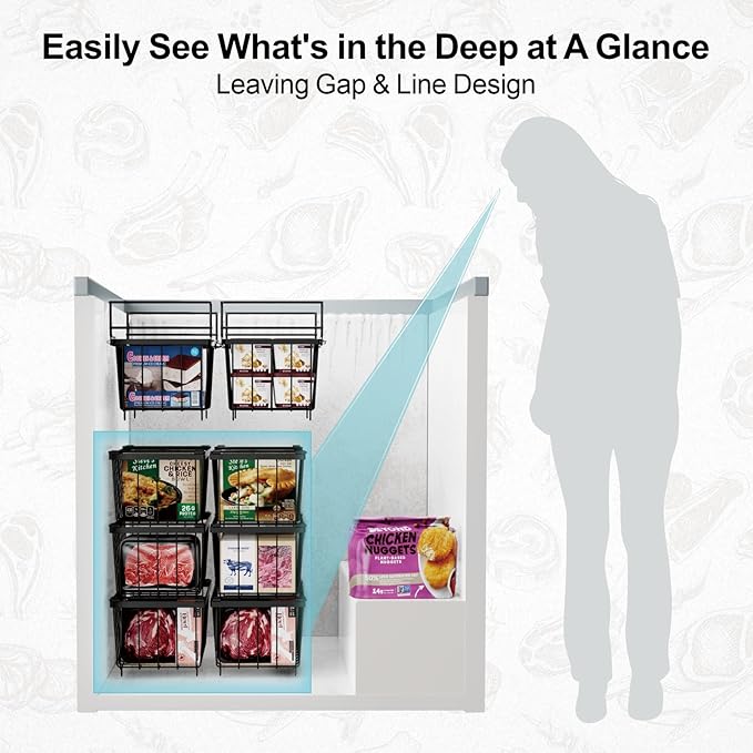 iSPECLE Freezer Organizer Bins - 15.8" to 18.1" Extendable Length Freezer Baskets for Chest Freezer for 7 Cu.Ft Deep Freezer, 2 Hanging Baskets and 4 Stackable Bins, 6 Pack Black