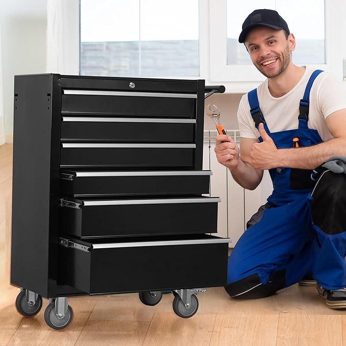 6-Drawer Rolling Tool Chest Cabinet, Large Capacity Metal Tool Box with Wheels and Locking, Roll Around Storage Organizer Tool Cart for Garage, Warehouse, Work Shop - Black