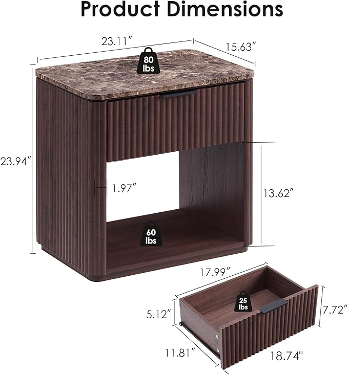 Fluted Nightstand Set of 2, Bedside Table with Faux Marble-Top, Engineered Wood Side Table with Drawer Open Shelf, Curved Corners, Modern Night Stand for Bedroom, Small Spaces, Dark Oak