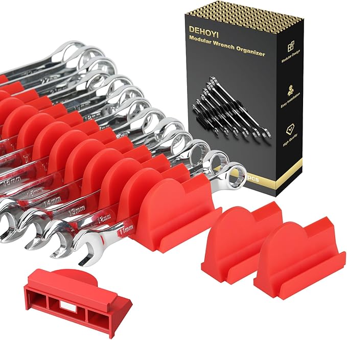 24pcs Magnetic Modular Wrench Organizers for Tool Drawers - Wrench Rack with Metric&SAE Labels,Tool Storage Holder with Magnet.Gift for Father, Brother&Boyfriend (Red with Magnets)