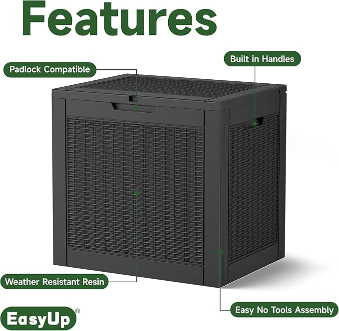 EasyUp 35 Gallon Resin Deck Box Waterproof, UV Resistant Outdoor Storage Box for Delivery, Patio, Garden,and Porch,Rattan Black