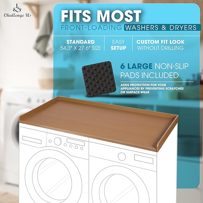 No-Installation HDPE Washer Dryer Countertop – Non-Slip, Anti-Scratch Laundry Topper | Water-Resistant Laundry Room Organizer | Durable, Easy-to-Clean, Modern Design for Washer and Dryer (teak)