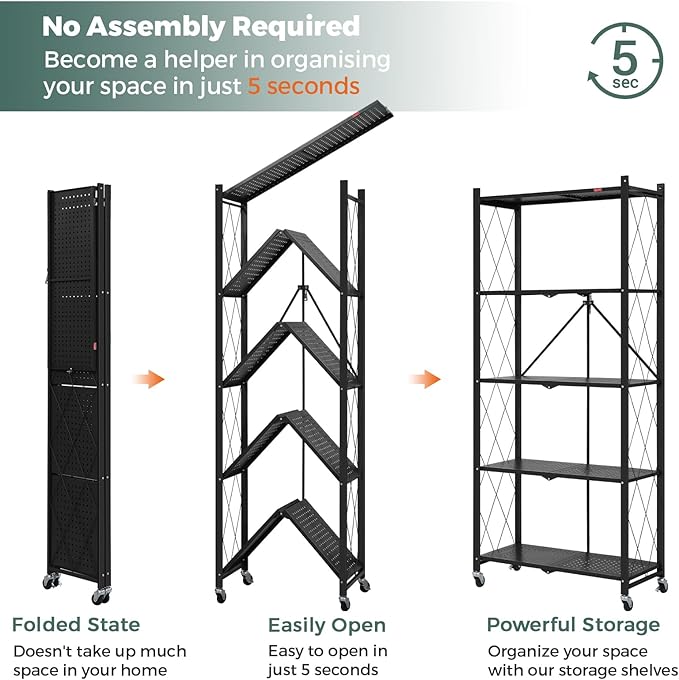 DEANIC 5 Tier Foldable Storage Shelves with Wheels, Large Capacity Shelving Unit, Freestanding Metal Wire Shelf Rack, No Assembly Organizer Rack for Garage Kitchen, Basement, Pantry(Black Pack of 3)