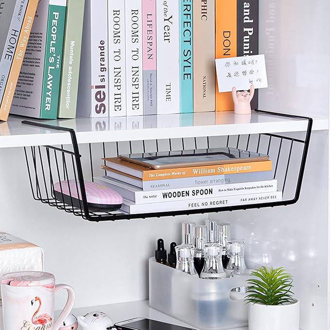 Undershelf Storage Basket Under Shelf Wire Basket Household Metal Under Shelf Hanging Storage Bin Basket Slides Under Shelves for Storage Space Saving for Kitchen Pantry Bookshelf 4 PCS