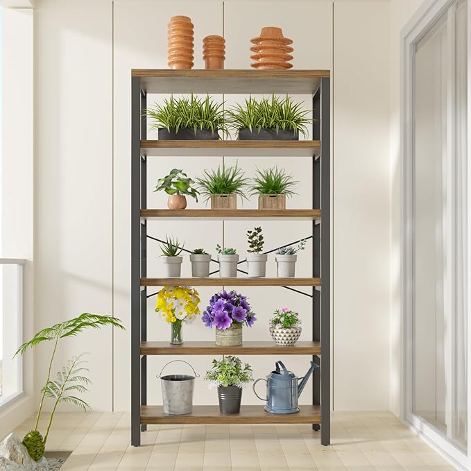 6-Tier Adjustable Heavy Duty Bookshelf, Industrial Wood and Metal Bookshelf, Vintage Bookcase with Lock Wall Design, Shelves for Room Wall Standing, Rustic Brown