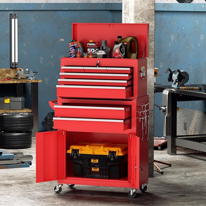 8-Drawer Rolling Tool Chest with Lock, Detachable Tool Cabinet Cart with Wheels, High-Capacity Mechanic Tool Organizer for Garage Workshop Warehouse Storage