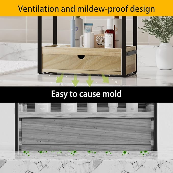 2-Tier Bathroom Organizer Countertop with Drawer, Wood Bathroom Counter Shelf for Storage, Vanity Organizer Countertop for Kitchen, Office