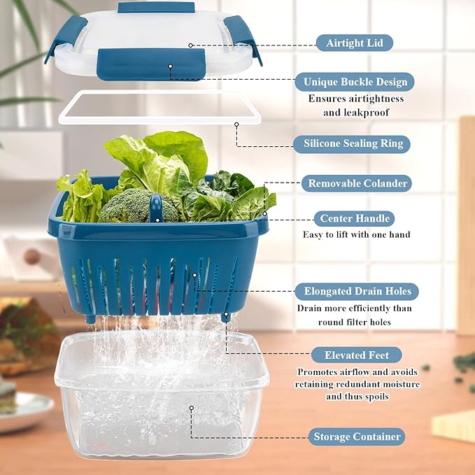 50oz Berry Keeper Fruit Storage Container for Fridge, Fresh Food Produce Saver Containers with Removable Drain Colanders, Vegetable Lettuce Keeper Bowl, Refrigerator Organizer, PRESS TO OPEN CLOSE LID