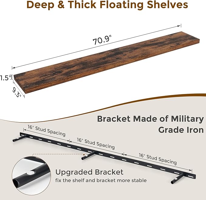 Fun Memories 72 Inch Floating Shelves, 72 x 9.3 Rustic Wooden Fireplace Mantel, 9.3 Inch Floating Shelf for Wall, Farmhouse Wall Shelves for Home Storage & Display, Rustic Brown Color, Set of 1