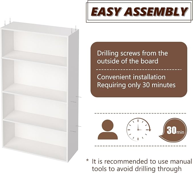Wooden 4 Tier Book Shelf，4 Cube Storage Organizer, 44 Inch Versatile Cubes Shelf and Cubby Unit for Any Space (White, 4 Cube-W(23.6inch)