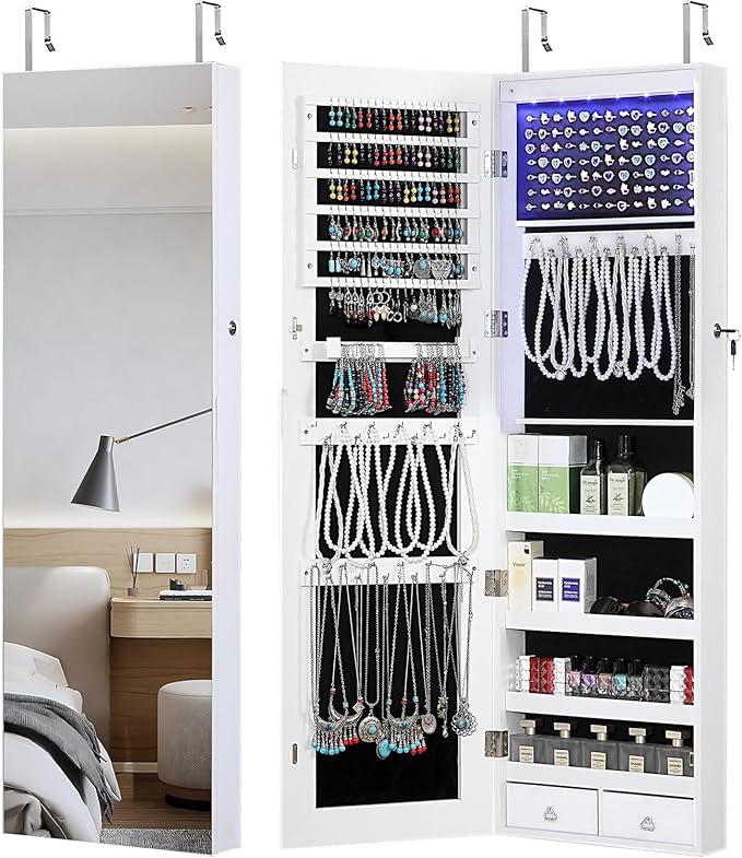 GISSAR Full Length Mirror Jewelry Cabinet, 6 LEDs Jewelry Armoire Wall Mounted Over The Door Hanging, Jewelry Organizer Storage with Lights Lockable, Bright White, 14.6" x 47.2"