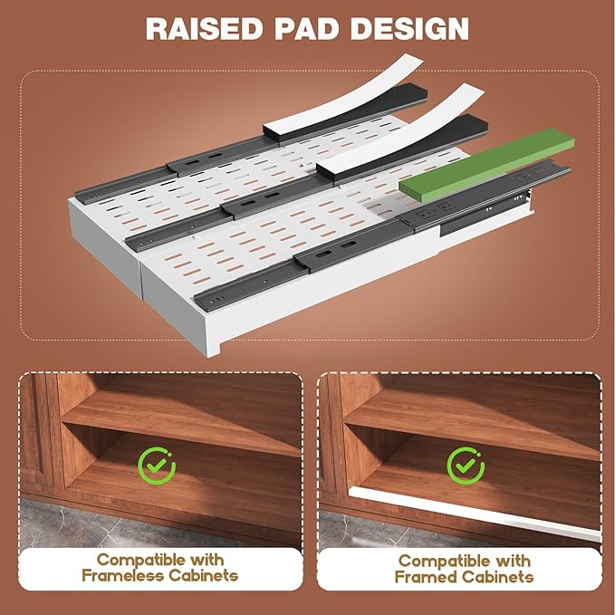 2 Pack Pull Out Cabinet Organizer Expandable Width(11"-16") and Depth(17"-24"),Slide Out Drawers With Raising Pad for Framed Cabinets,No Drill Roll Out Shelves for kitchen,Bathroom,White