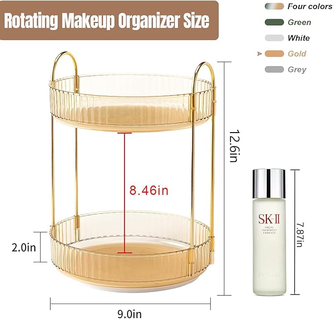 360 Rotating Makeup Organizer for Vanity, Bathroom Countertop Spinning Perfume Organizer, High-Capacity Cosmetic and Skincare Dresser Make Up Holder Rack (2 Tiers, Yellow)