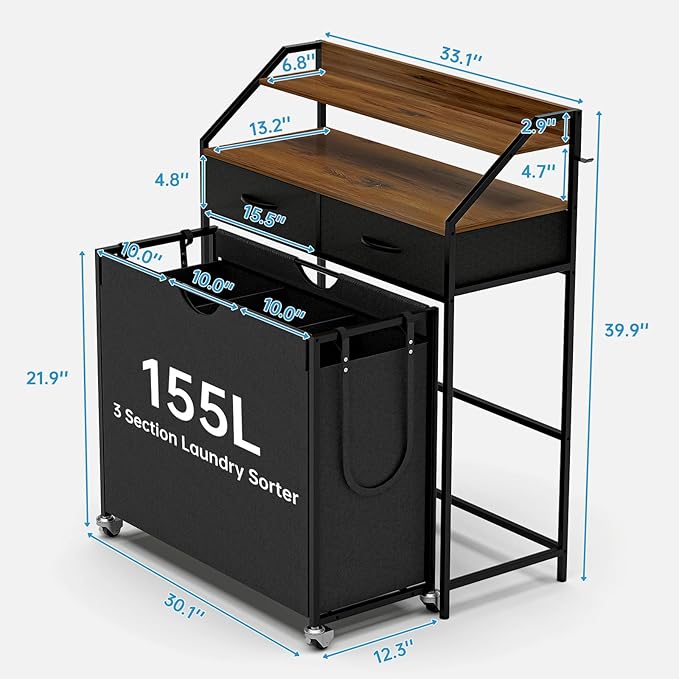 2 Tier Laundry Sorter with 3 Section Pull Out Bags Rolling Laundry Basket Organizer with 2 Drawers Laundry Hamper with Shelves and Wheels for Laundry Room, Bathroom, Bedroom Organization