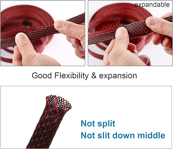 25ft - 1.25 inch PET Expandable Braided Sleeving – BlackRed – Alex Tech Braided Cable Sleeve