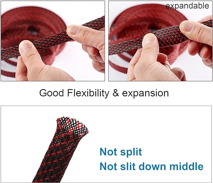 100ft - 3/8 inch PET Expandable Braided Sleeving – BlackRed – Alex Tech Braided Cable Sleeve