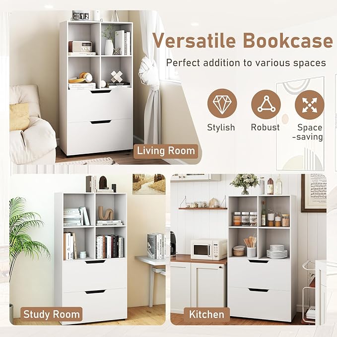 Giantex Bookcase with 2 Drawers, 51” Tall White Bookshelf w/4 Cubes, Anti-tip Kits, Freestanding Display Rack, Cubby Storage Organizer for Study, Living Room, Home Office