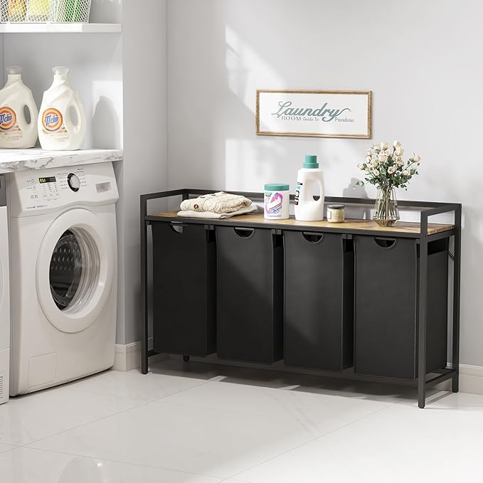 Lifewit Laundry Hamper 4 Section, 168L Pull out Laundry Clothes Basket Organizer with Large Top Shelf and 4 Removable Bags and Handles, Laundry Sorter for Laundry Room Bedroom Bathroom, Black