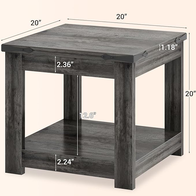 Homieasy End Table, 20 Inch Square End Table, Farmhouse Wood Side Table with Storage Shelf, Industrial Accent Bedside Table for Living Room, Bedroom,Grey Oak