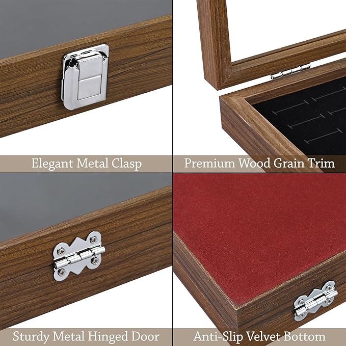 MOOCA Ring Box Jewelry Display Tray, Display Case Accessories Storage Box with Tempered Glass Hinge Lid, Black Lined Jewelry Tray for Rings, Walnut/Black Color, 14.1W x 10.2D x 2.1H in