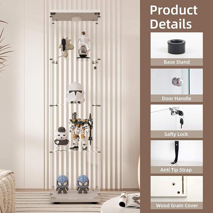 Beauty4U Glass Display Cabinet with LED Light, 4 Shelves, Curio Cabinets for Living Room, Bedroom, Office, White Floor Standing Glass Bookshelf, Quick Installation