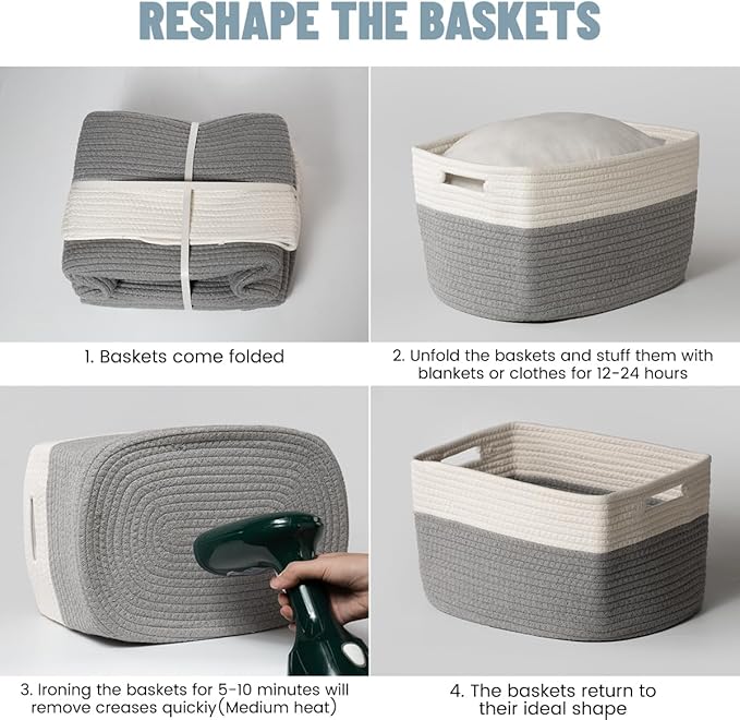 5 Pack Woven Storage Baskets for Shelves, Decorative Basket Closet Organizer Storage Bins for Clothes, Books, Pantry, Bathroom – Cotton Rope Shelf Baskets for Organizing and Decor, Gray & White