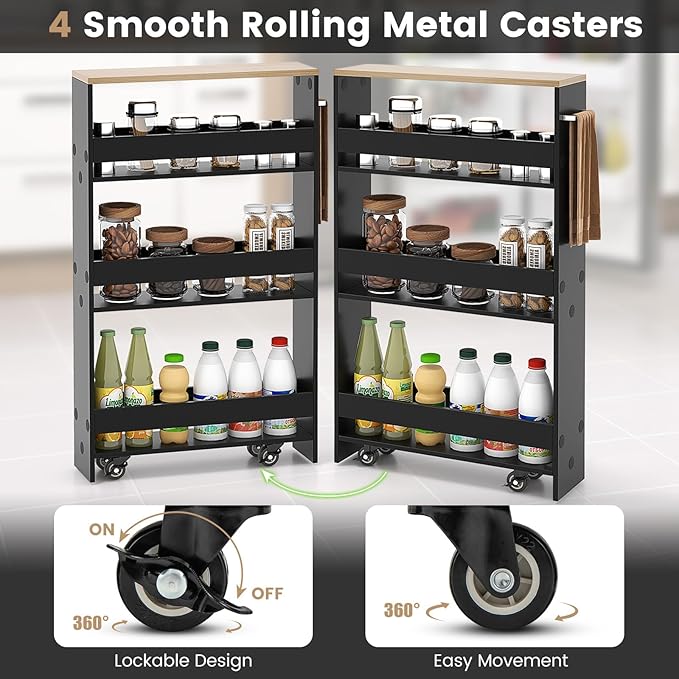 MAT EXPERT Slim Rolling Storage Cart, 4-Tier Freestanding Slim Storage Cart with Wheels 360 Degree & Metal Handle, Wooden Utility Cart for Narrow Kitchen, Laundry Room, Bathroom (Black + Natural)