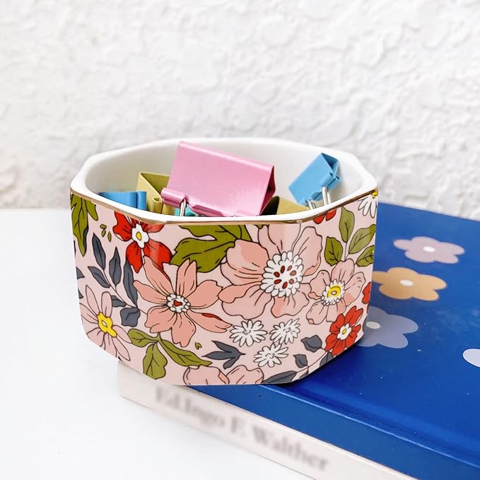 Ceramic Paper Clip Holder Gold Line Paper Clip Dispenser Organizer for Desk Cute Floral Pattern Office Binder Clip Holder Bobby Pin and Hair Clip Holder Gift for Office Pink Flowers