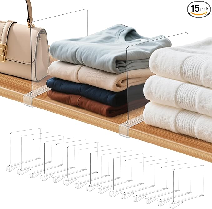 15 Pack Clear Shelf Dividers for Closets, Acrylic Dividers for Shelves, Closet Shelf Divider for Organization,Organizers & Separators for Shelf Storage, Home Closets, Cabinets