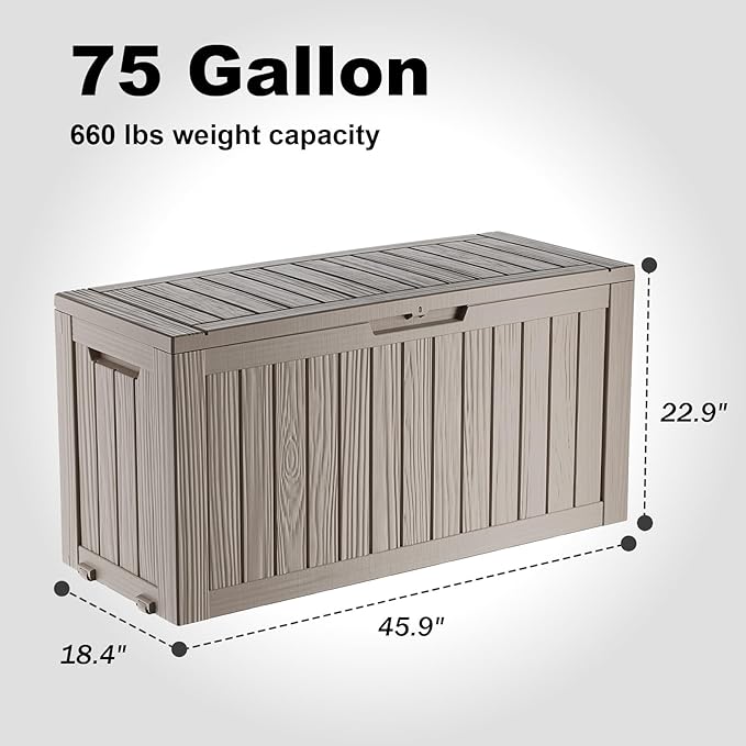 75 Gallon Outdoor Storage Box, Resin Deck Boxes Waterproof, Indoor Outdoor Bin for Package Delivery, Patio Cushions, Gardening Tools, Lockable, UV Resistant