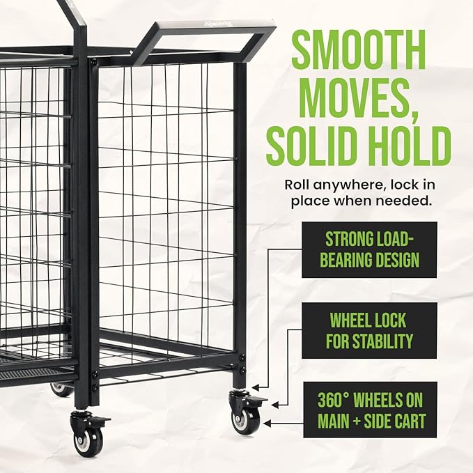 SpaceWise Sports Equipment Organizer – Garage Ball Storage Rack with Hooks, Baskets, Wheels & Detachable Portable Side Cart, Golf Organizer, Gym Equipment & Toy Storage Solution, Charcoal Finish
