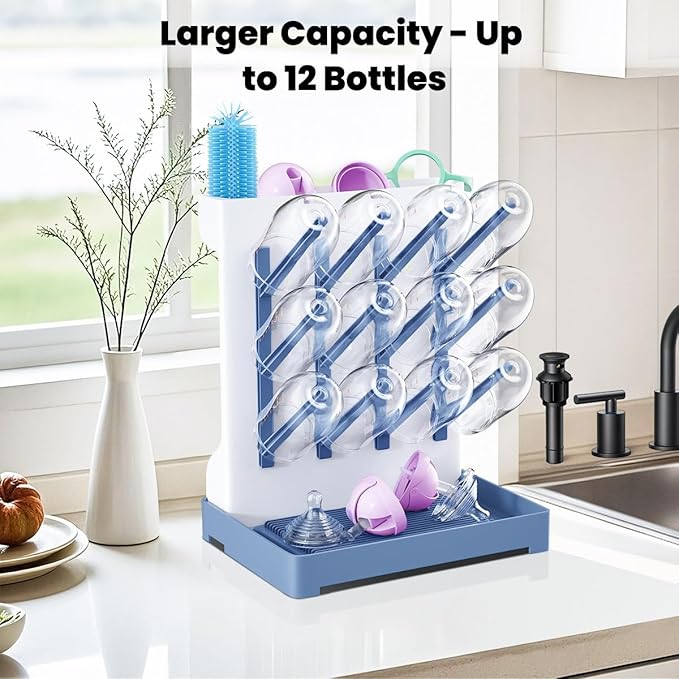 Baby Bottle Drying Rack: Vertical Space Saving Large Bottles Holder - Standing Boon Dryer Rack Baby Accessory - Countertop Holds Up to 12 Bottles & Pump Part Cleaning & Cup (Blue) (Blue)