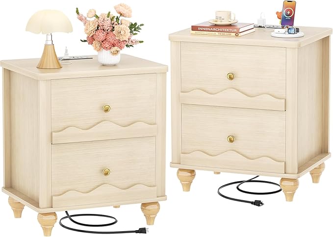 Cyclysio Nightstand Set of 2 with Charging Station, Side End Table with 2 Drawers, Modern Wood Night Stand Set 2 with Scalloped Pattern for Bedroom, Bedside Night Tables with Solid Wood Gourd Legs