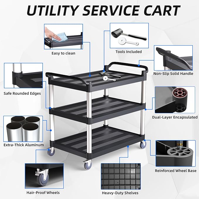 3 Tier Rolling Cart with Hair-Proof Wheels, Plastic Utility Service Cart, Heavy Duty 450 Lbs Capacity, Solid Handle,Commercial Serving Cart for Home/Office/Restaurant/Warehouse.40×19.7"×38"