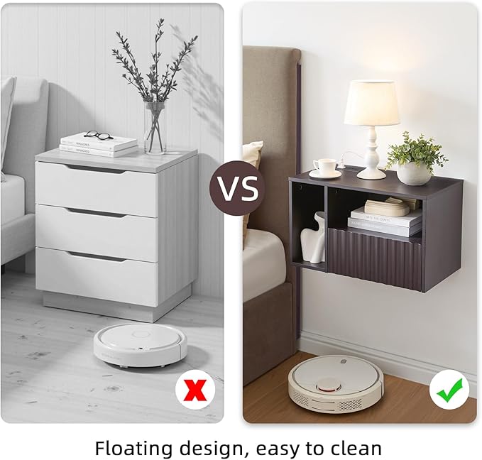 Modern Espresso Fluted Floating Nightstand with Charging Station, NightStand with Drawers, Bedside with USB Ports and Outlets, Bedroom Furniture (Left)