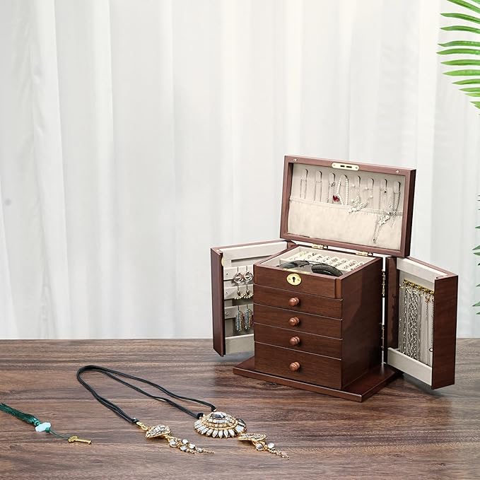 wooden Jewelry Box and Organizer - 8-Layer Lockable Wooden Jewelry Boxes for Women - Large Jewelry Boxes and Organizer with Key,Gift for Wife,dresser top jewelry box with lock