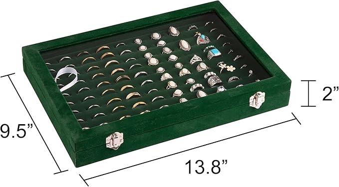 Frebeauty Ring Organizer Tray 100 Slots Ring Holder with Clear Lid Velvet Storage Box Jewelry Tray for Jewelry Store Earring Display Case for Jewelry Show Studs Box for Women(Blackish Green)