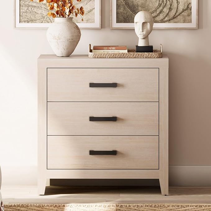 WAMPAT Farmhouse 3 Drawer Nightstand Set of 2, Large Wood Bedside Tables, 32" Wide End Tables with Storage for Living Room, Bedroom, Hallway, Beige