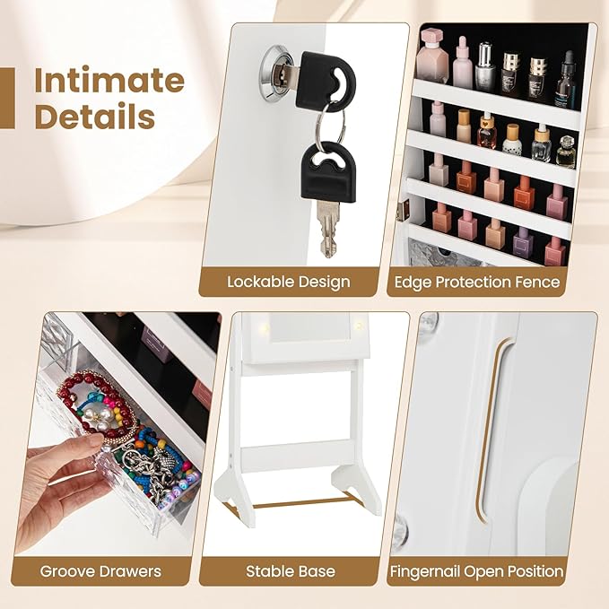 Giantex Standing Jewelry Armoire with Lighted Full Length Mirror, Lockable Jewelry Cabinet Organizer with 20 LED Lights, Adjustable Tilt, Large Storage for Earrings, Rings, Necklaces, White