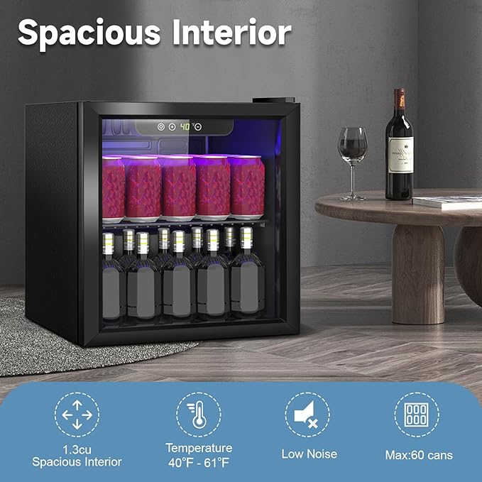 Beverage Refrigerator Cooler, 60 Can Mini Fridge Glass Door for Drinks Soda, Beer, or Wine - Small Refrigerator for Office Bedroom Home Bar, Adjustable Shelves, 1.3 Cu.Ft, Black