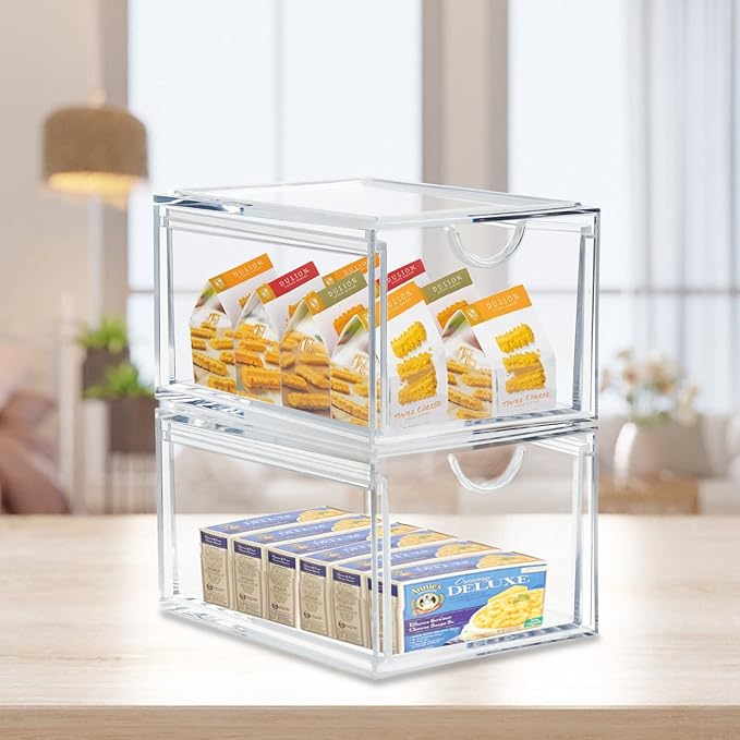 2 Pack Stackable Cosmetic Organizer Drawers, Clear Acrylic Makeup Storage Organizer Box, Plastic Storage Bins Vanity Container for Bathroom Countertop, Bedroom Dresser, Kitchen Cabinets