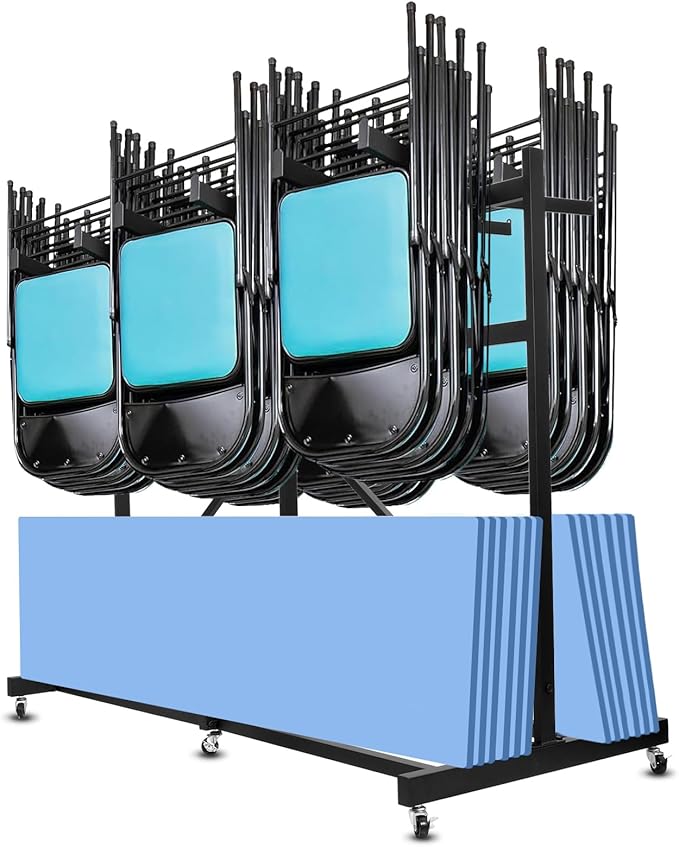 Folding Chair Rack, Heavy Duty Folding Chair Storage Rack Cart, 42 Chairs and 12 Table, 440 Lbs Weight Capacity, Locking Rubber Wheels for Weddings, Parties & Events