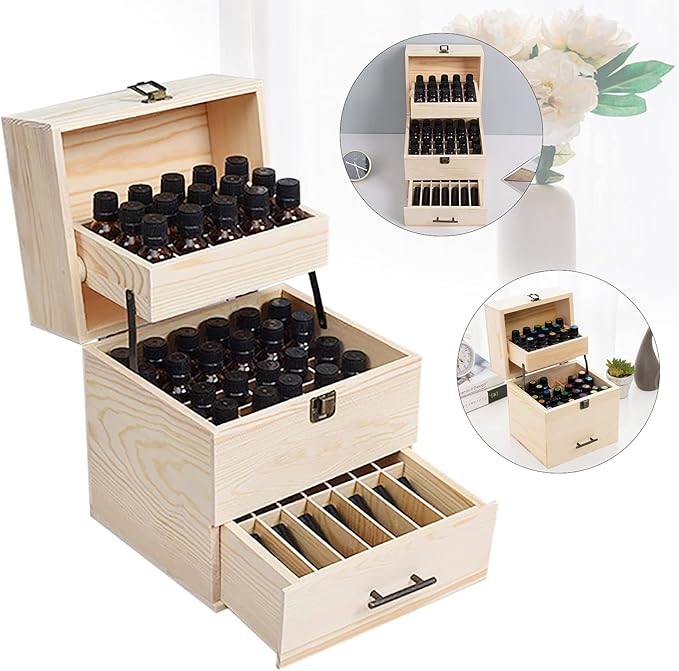 3 Tiers Essential Oil Storage Box, Wooden Perfume Bottle Display Organizer Case w/59 Slots, for 15 ml Bottles Nail Polish Collection Holder