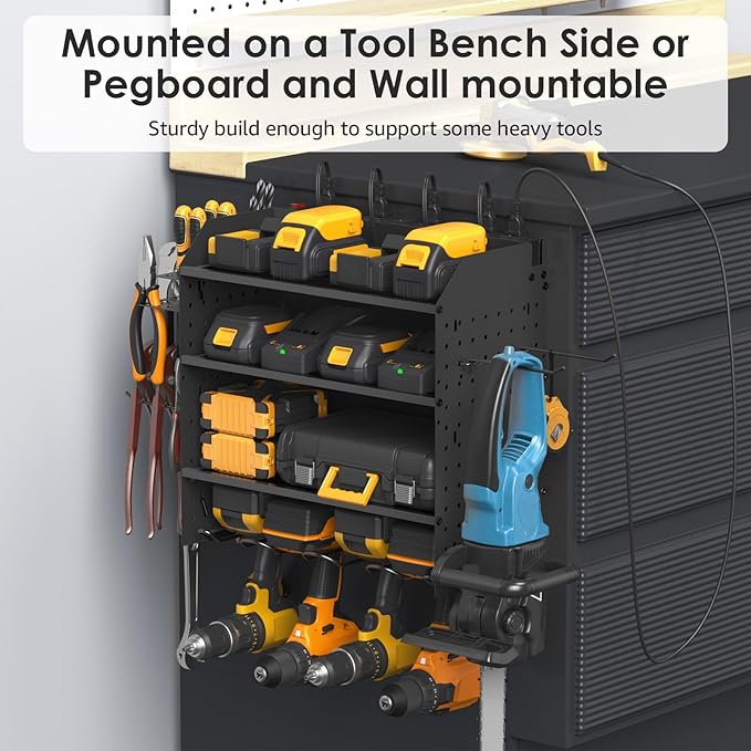 CCCEI Modular Pegboard Rack Power Tool Organizer with Charging Station. 4 Layer Wall Mount Drill Holder, Tool Battery Charger Organizer. Garage Shop Storage Utility Shelf with 10FT Power Strip.