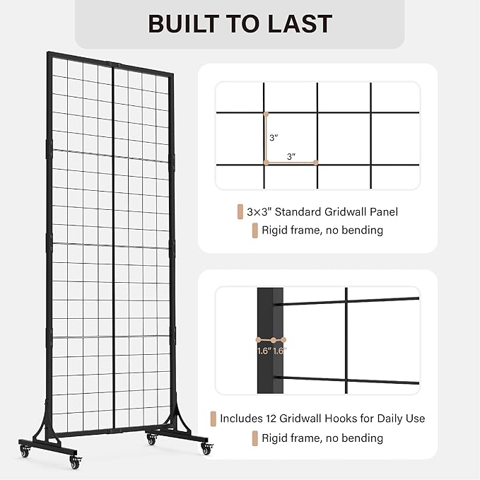 HUHOLE Gridwall Panel Display Stand, 2.2' × 5.2' Ft Movable Grid Wall Panel Display Stand, Heavy-Duty Floorstanding Wire Display with Extra 12 Hooks for Retail, Garage Organization, Craft Fairs