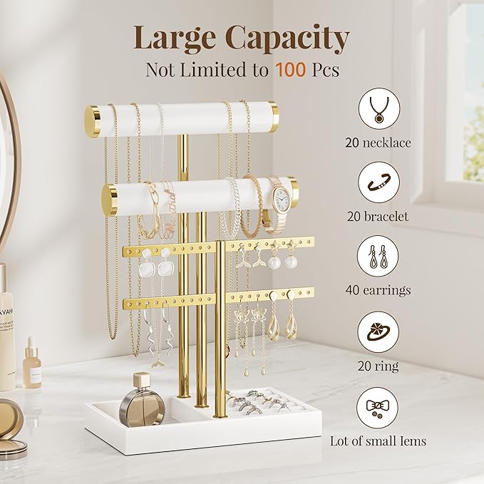 3 Tier Bracelet Holder Display - White Leather Bracelet Holder, Detachable T Bar Jewelry Holder Organizer for Bracelet, Necklace, Earrings, Rings, Watches, Bangle