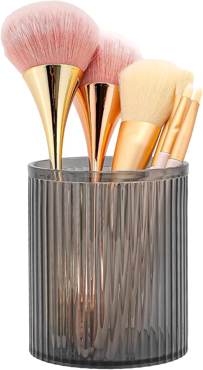 DASITON Makeup Brush Holder Organizer, Acrylic Makeup Brush Cup, Vintage Striped Make Up Brush Holder for Vanity, Bathroom Countertop, Toothbrush Holders, Pen Holder for Desk Storage (Black)