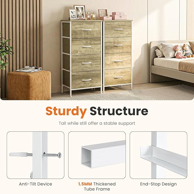 Sweetcrispy Nightstand Small Bedroom Dresser with 4 Fabric Drawers,Bed Side Furniture End Table,Wooden Top Cabinet Night Stand Dresser for Closet,Entryway,Dorm,Oak Greige