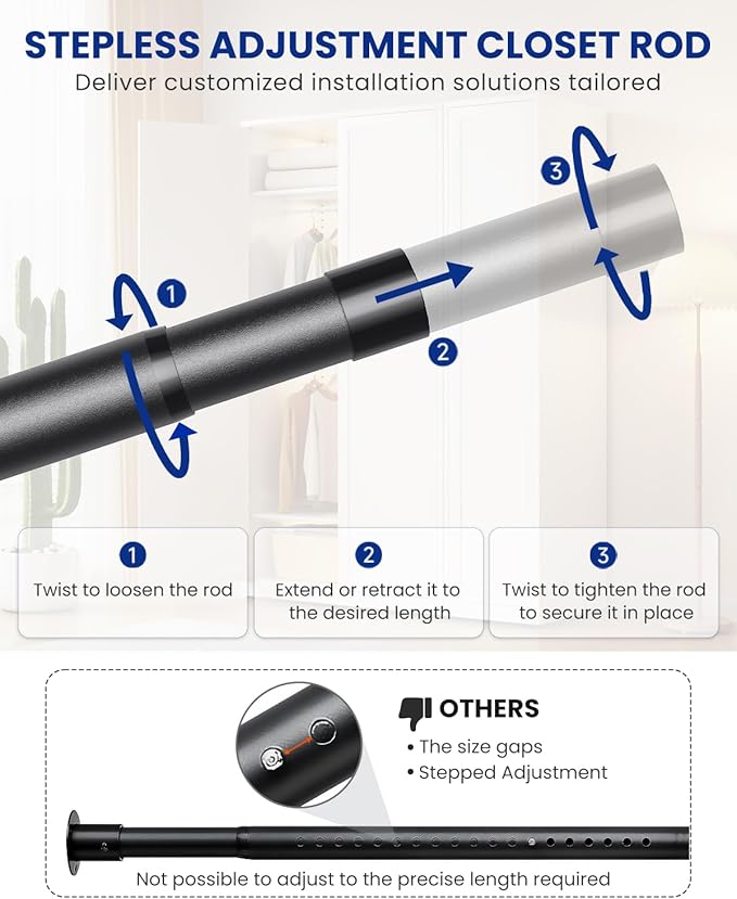 Closet Rods for Hanging Clothes with Triangular Brackets, 17 to 54 Inches Stepless Adjustable Closet Rod, 1.3 Inch Heavy Duty Closet Rod for Closet Wardrobe Laundry RV (Without Board/Black)