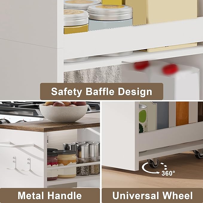 ChooChoo 4-Tier Slim Storage Cart with Handle, 7.87" W Rolling Utility Cart on Universal Wheels, Kitchen Cart Mobile Shelving Organization for Laundry Room, Bathroom & Narrow Places (Walnut & White)